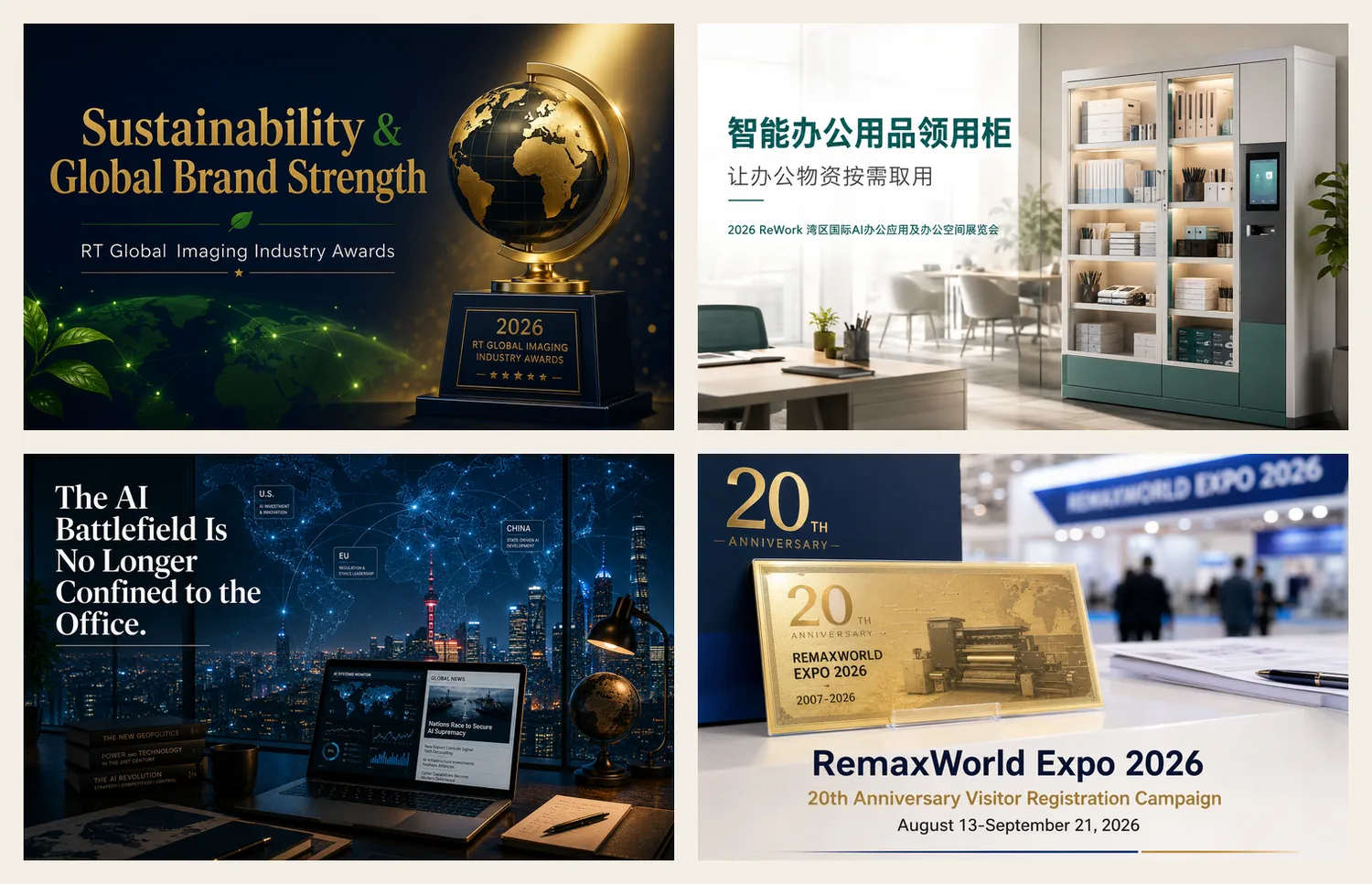 Bilingual PR article and website visual samples stitched into a 2 by 2 board